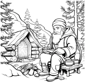 mann-am-lagerfeuer-mit-huette-ausmalbild