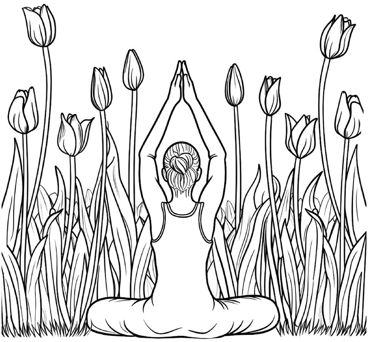 meditierende-person-mit-tulpen-ausmalbild
