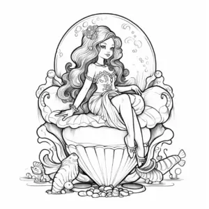 Ausmalbild Meerjungfrau auf Muschel mit Meeresbewohnern