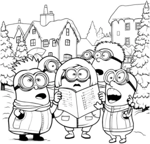 minions-ausmalbild-im-winter-vor-einem-festlichen-haus