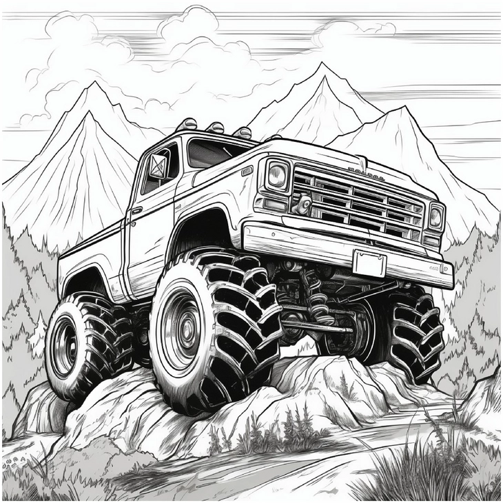 monstertruck-auf-felsen-mit-bergen-ausmalbild
