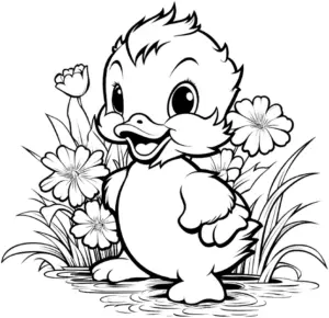 niedliche-ente-zwischen-blumen-ausmalbild