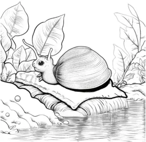 niedliche-schnecke-auf-kissen-mit-blaettern-und-wasser