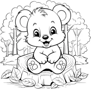 niedlicher-baer-auf-baumstumpf-ausmalbild