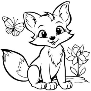 niedlicher-fuchs-mit-schmetterling-und-blume