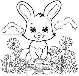 niedlicher-hase-mit-ostereiern-und-blumen