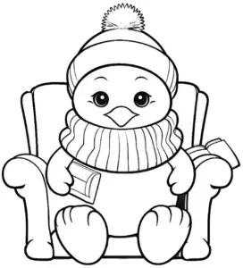 niedliches-ausmalbild-eines-sitzenden-vogels-mit-muetze-und-schal