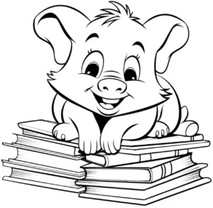 niedliches-ausmalbild-mit-schweinchen-auf-buecherstapel