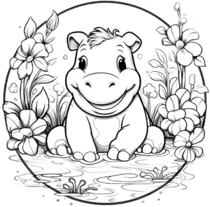 nilpferd-ausmalbild-mit-blumen-und-wasserlandschaft