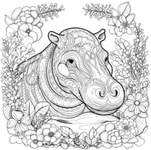 nilpferd-mit-blumen-und-pflanzen-ausmalbild