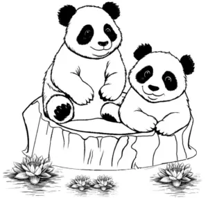 pandas-auf-baumstamm-mit-wasserlilien