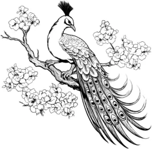 pfau-auf-ast-mit-blumen-ausmalbild