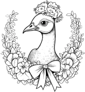 pfau-im-blumenkranz-ausmalbild
