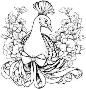 pfau-mit-blumen-und-schleife-ausmalbild