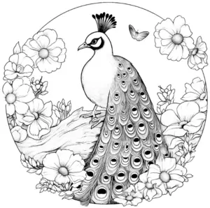 pfau-mit-blumen-und-schmetterling-ausmalbild