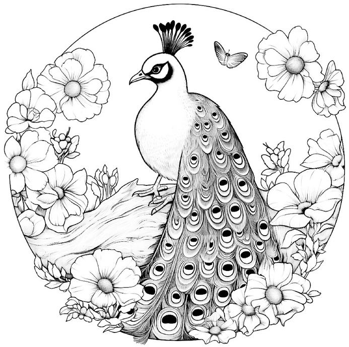 pfau-mit-blumen-und-schmetterling-ausmalbild
