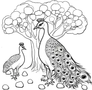 pfau-und-baum-ausmalbild-unter-baum