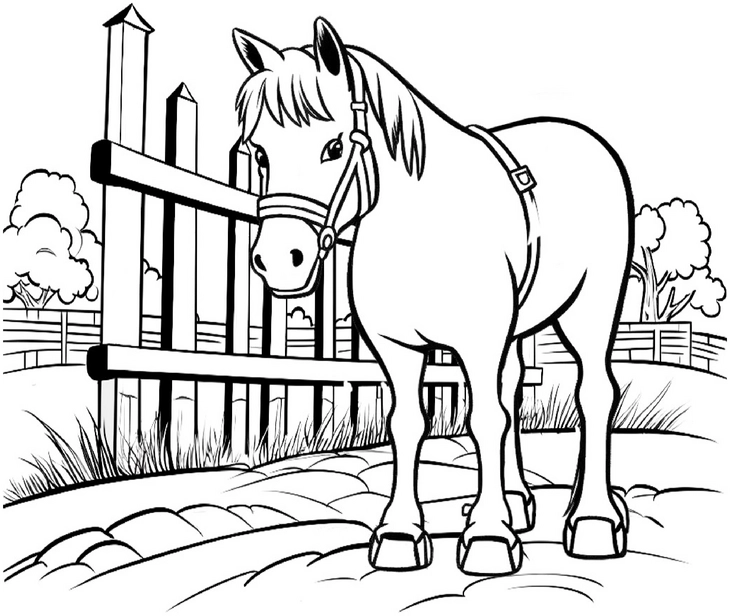 pferd-im-ausmalbild-vor-laendlichem-zaun