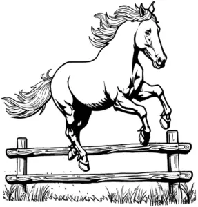 pferd-springt-ueber-holzzaun-ausmalbild