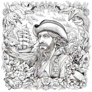 pirat-mit-tieren-und-schiff-ausmalbild