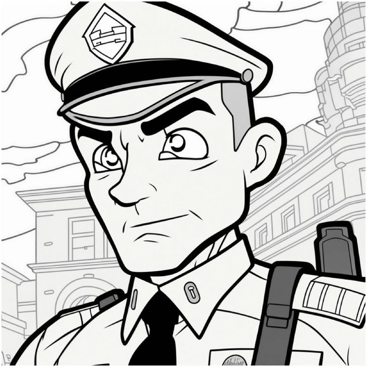 polizist-mit-architektur-hintergrund-ausmalbild