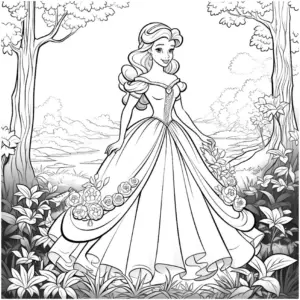 prinzessin-im-eleganten-kleid-im-wald-ausmalbild