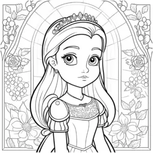 prinzessin-im-schloss-ausmalbild-mit-blumen-und-ornamenten
