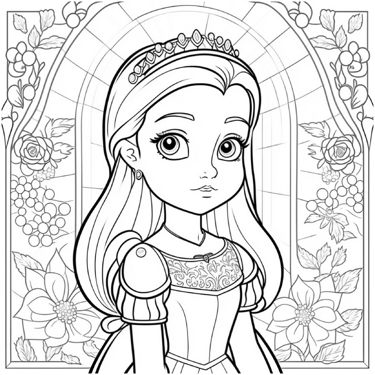 prinzessin-im-schloss-ausmalbild-mit-blumen-und-ornamenten