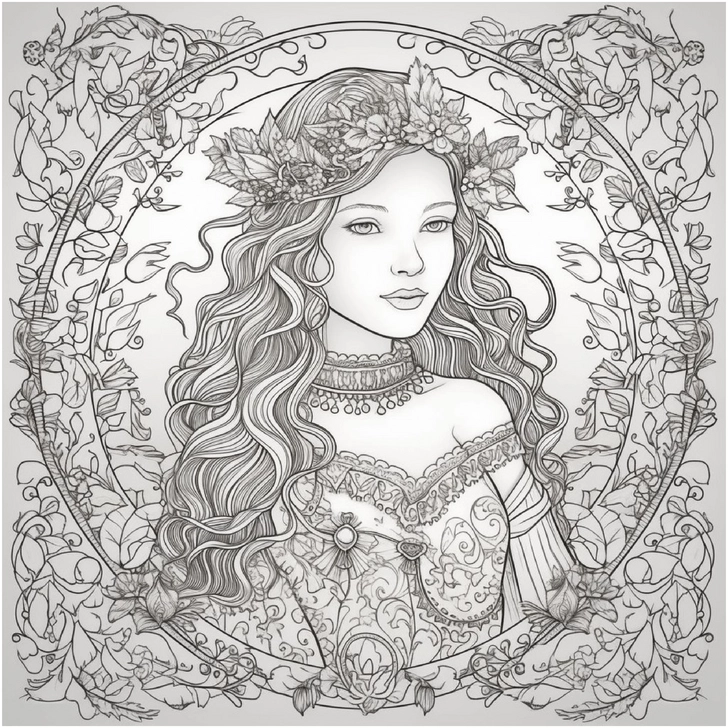 Ausmalbild märchenhafte Prinzessin mit Blumenkranz und Pflanzenmuster
