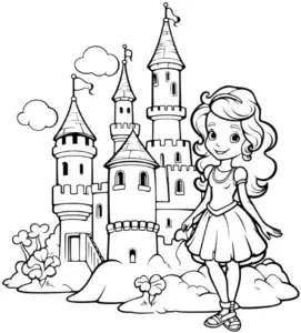 prinzessin-vor-einem-schloss-ausmalbild