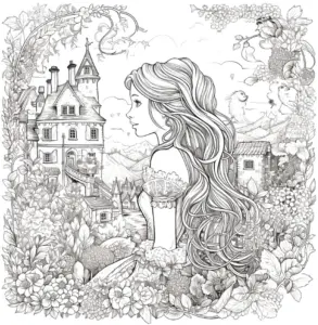 prinzessin-vor-schloss-ausmalbild-mit-blumen