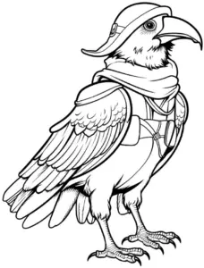 rabe-mit-hut-und-gurtzeug-ausmalbild
