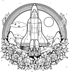 rakete-im-weltraum-mit-blumen-und-regenbogen