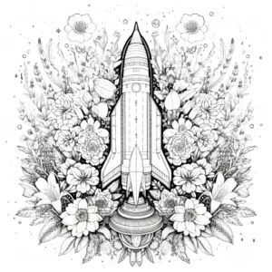 rakete-und-blumenmotiv-ausmalbild