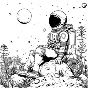 raumfahrer-im-weltall-sitzend-auf-felsen-pflanzen
