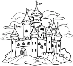 ritterburg-ausmalbild-mit-tuerme-und-zinnen