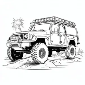 robustes-ausmalbild-eines-offroad-autos-mit-pflanzen