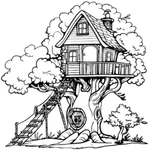 rustikales-baumhaus-ausmalbild-mit-treppe-und-natur