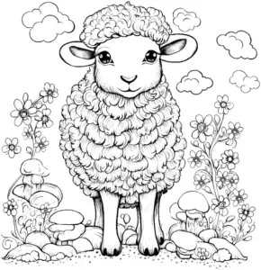 schaf-in-bluehender-landschaft-mit-blumen-und-wolken