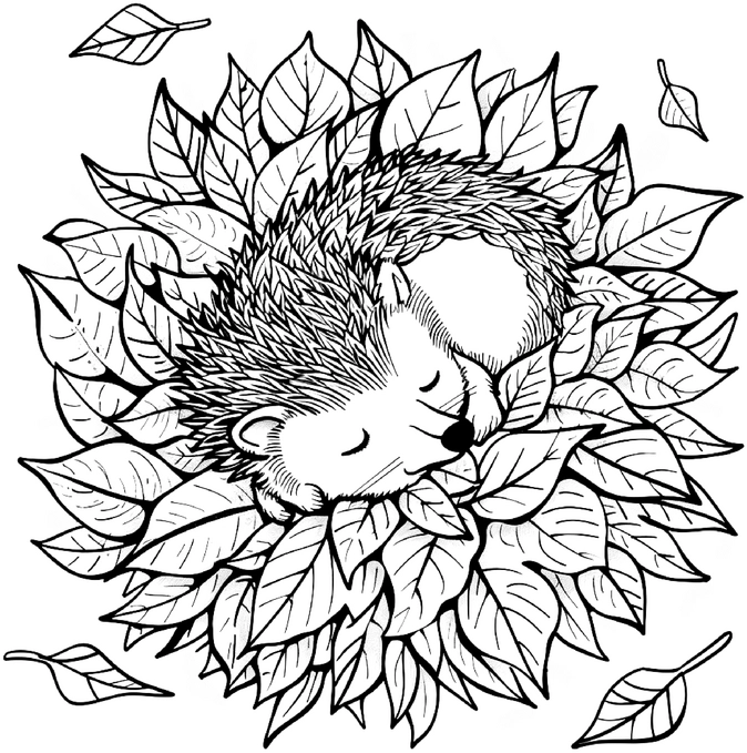 schlafender-igel-in-blaettern-ausmalbild