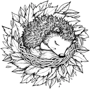 schlafendes-igel-ausmalbild-in-einem-blaetternest