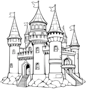 schloss-ausmalbild-mit-tuerme-und-fahnen