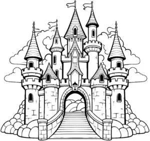 schloss-ausmalbild-mit-tuermen-und-wolken