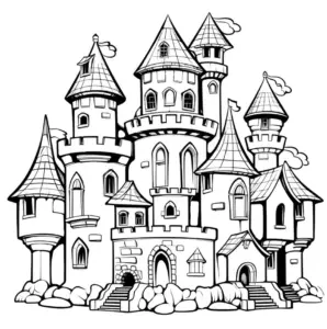 schloss-ausmalbild-mit-vielen-tuermen-und-zinnen