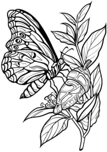 schmetterling-und-larve-auf-blatt