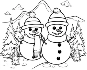 Ausmalbild mit Schneemännern in Winterlandschaft