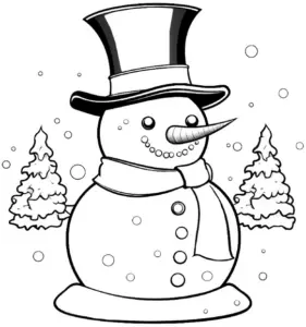 schneemann-ausmalbild-mit-hut-und-tannenbaeumen