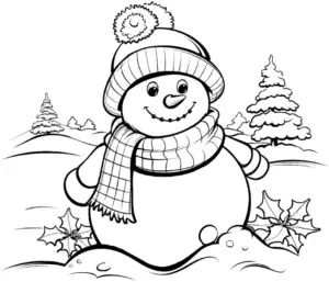 schneemann-ausmalbild-mit-weihnachtsdeko-und-winterlandschaft