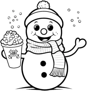 schneemann-mit-becher-und-schneeflocken-ausmalbild