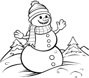 schneemann-mit-winkender-hand-in-winterlandschaft